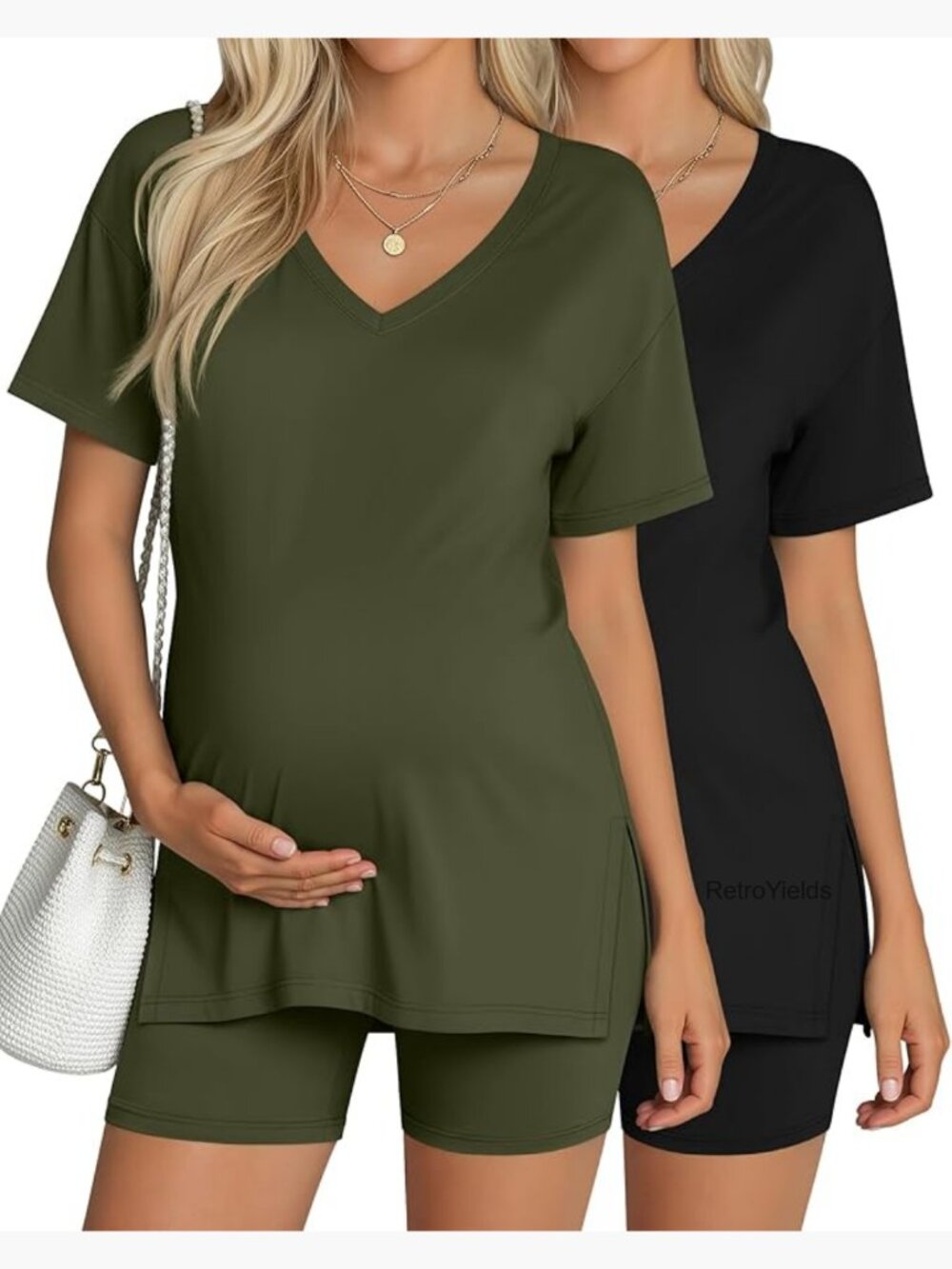 Maternity Pajama Set 2 Piece Lounge Shorts Side Split Tee Nursing Sleepwear